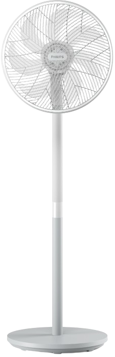 A Philips Pedestal Fan beside mini icons of the Philips Air+ App, against a light blue background.